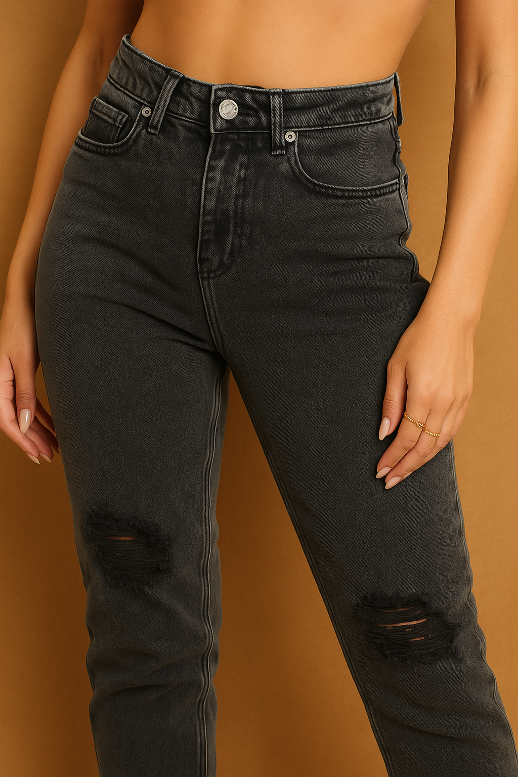 Dark Grey Distressed Knees High Waist Taper Jeans