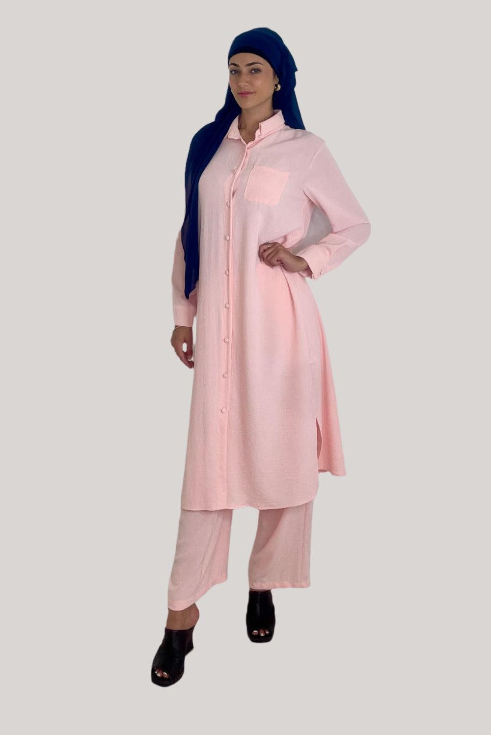 Classic Longline Button Down Shirt And Wide Leg Trousers Coord Set-SinglePrice