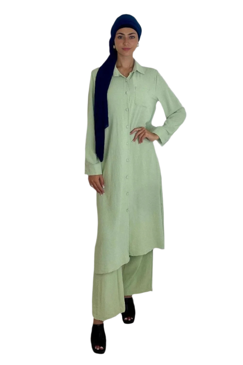 Classic Longline Button Down Shirt And Wide Leg Trousers Coord Set-SinglePrice