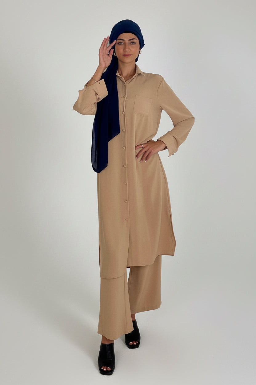 Classic Longline Button Down Shirt And Wide Leg Trousers Coord Set-SinglePrice