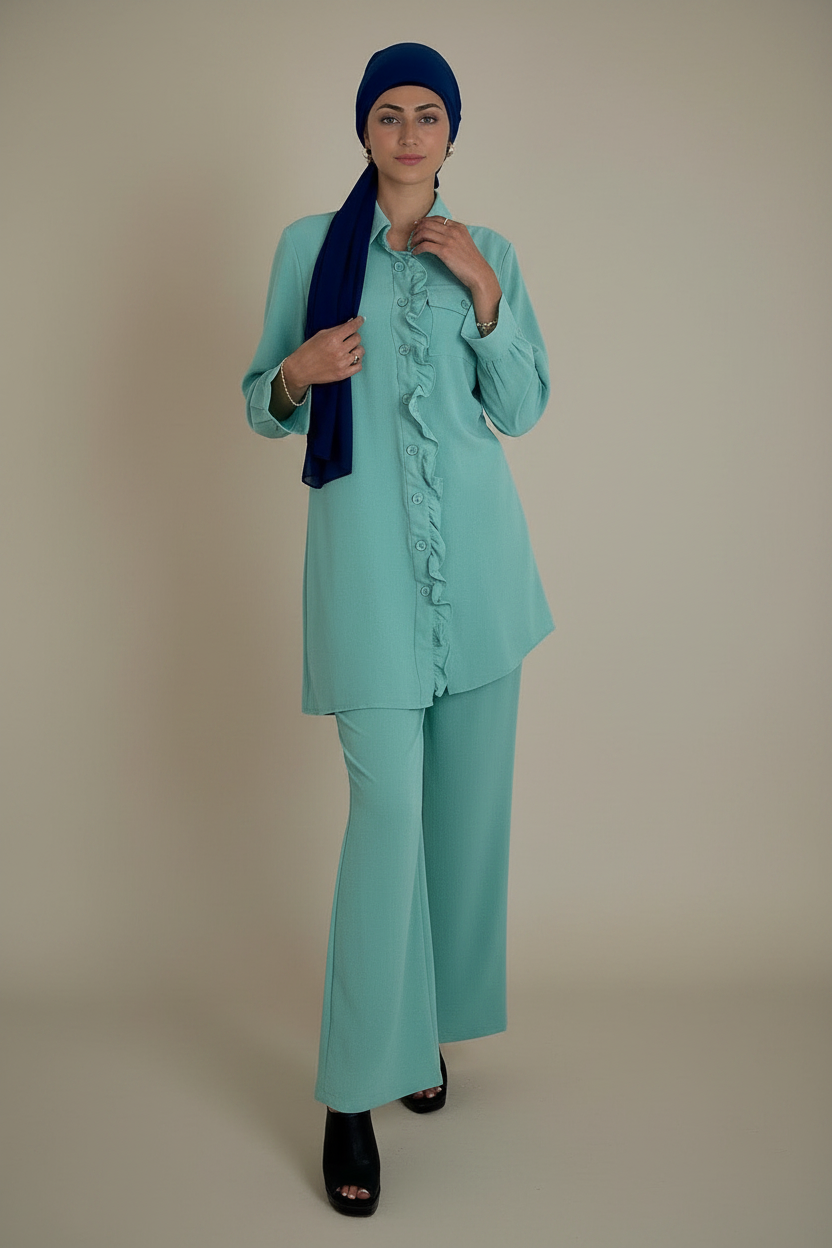 Frill Hem Blouse And Wide Leg Trousers Crinkled Coord Set