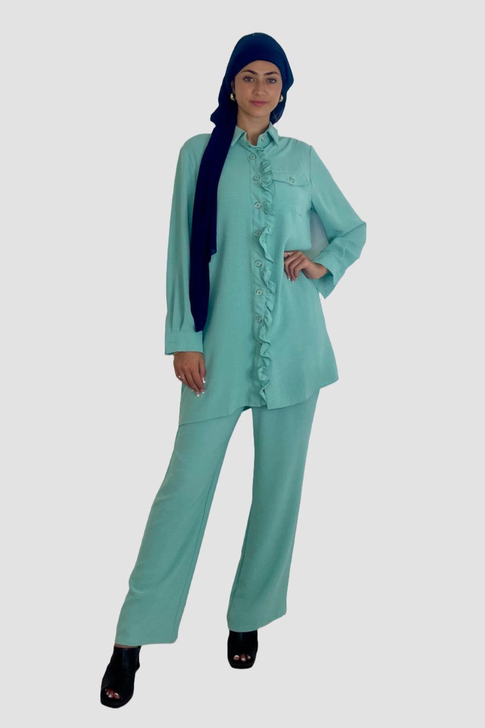 Frill Hem Blouse And Wide Leg Trousers Crinkled Coord Set-SinglePrice