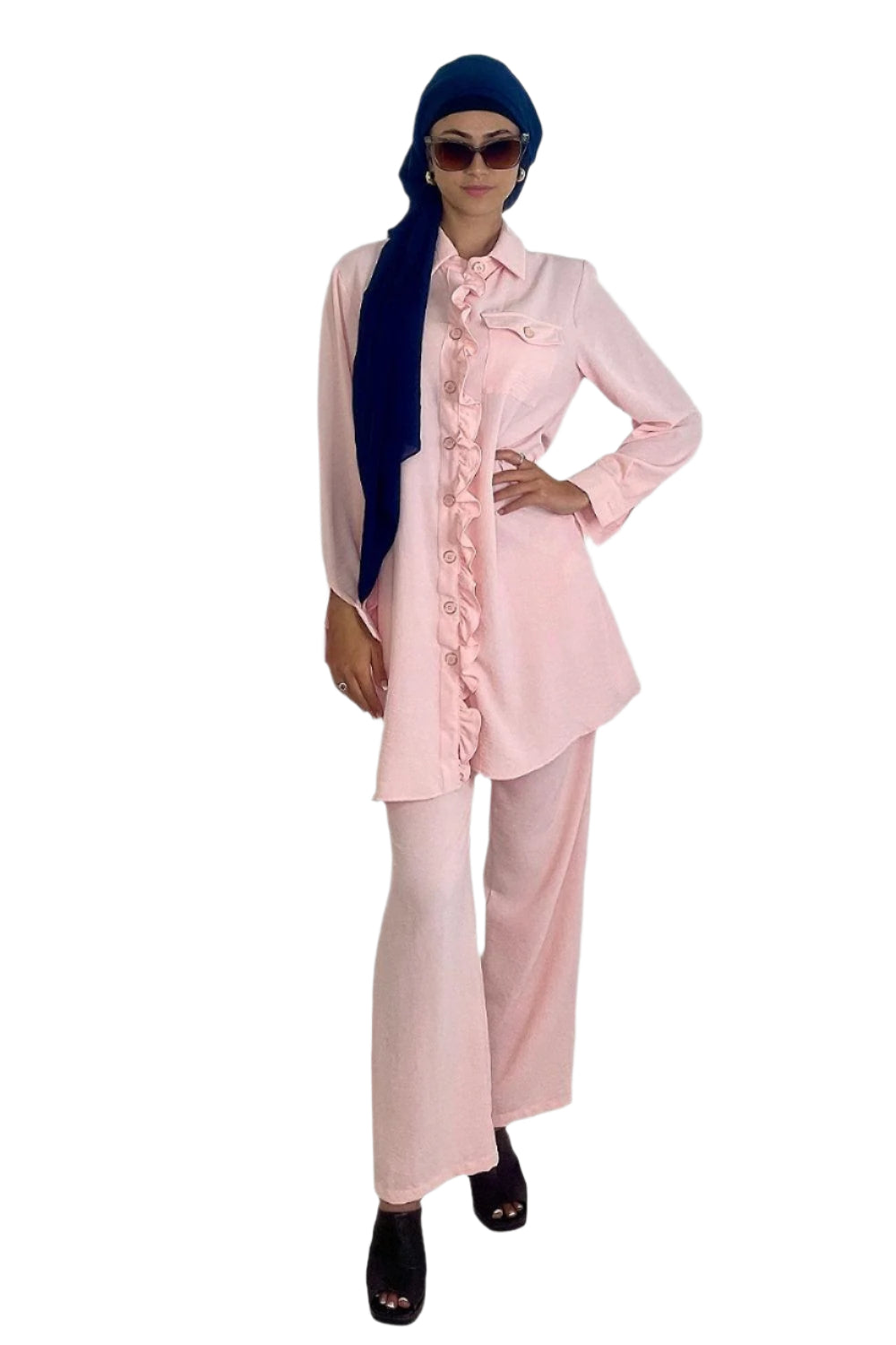 Frill Hem Blouse And Wide Leg Trousers Crinkled Coord Set-SinglePrice