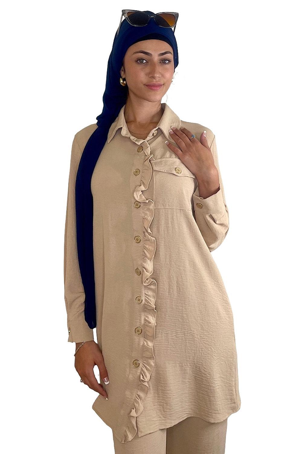 Frill Hem Blouse And Wide Leg Trousers Crinkled Coord Set-SinglePrice