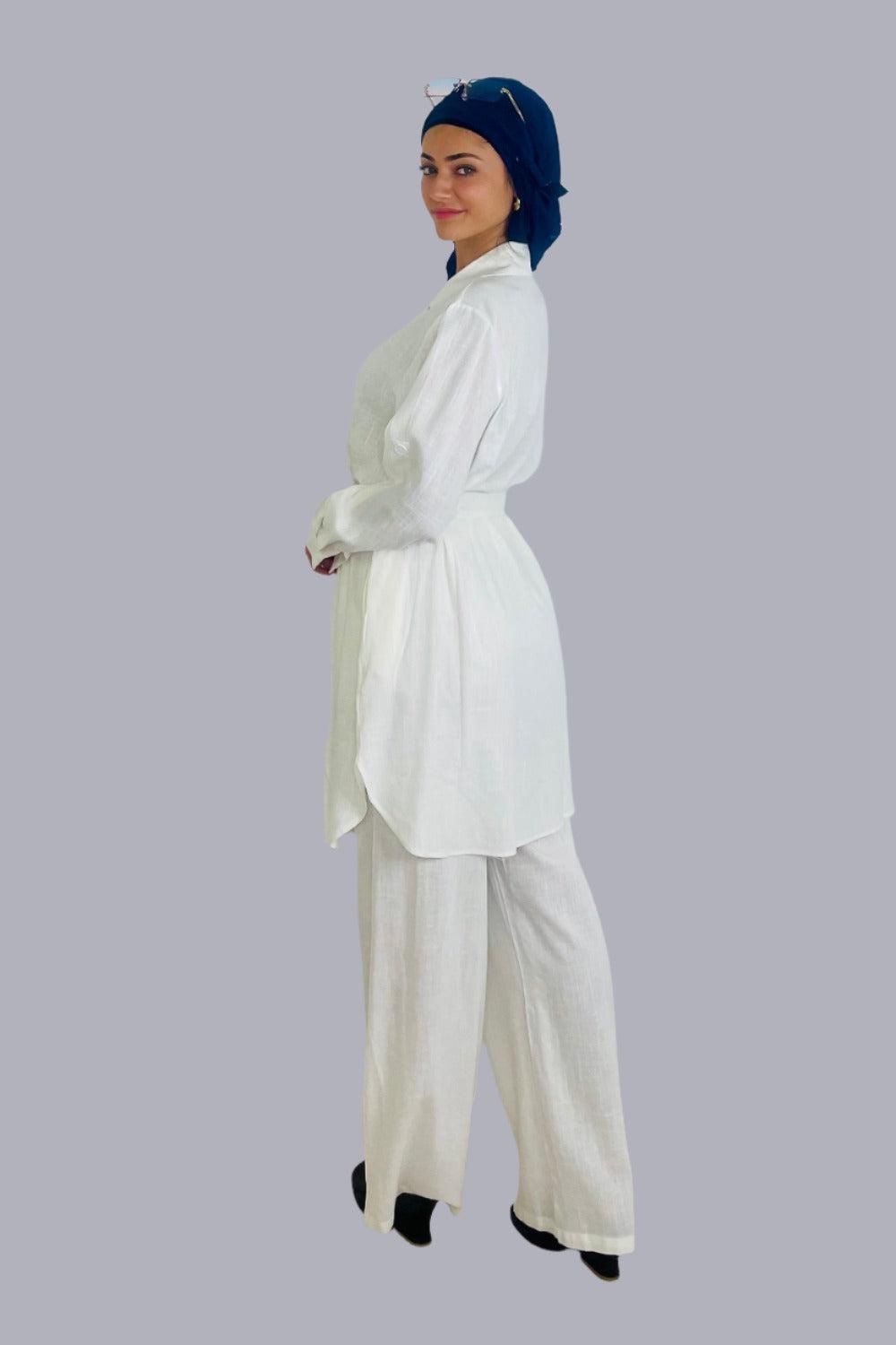 Modern Long Belted Shirt And Wide Leg Trousers Classic Modest Coord Set-SinglePrice