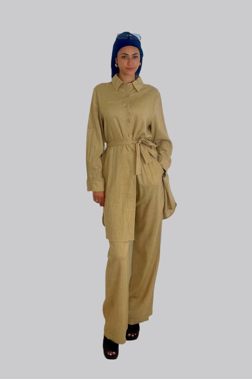 Modern Long Belted Shirt And Wide Leg Trousers Classic Modest Coord Set-SinglePrice
