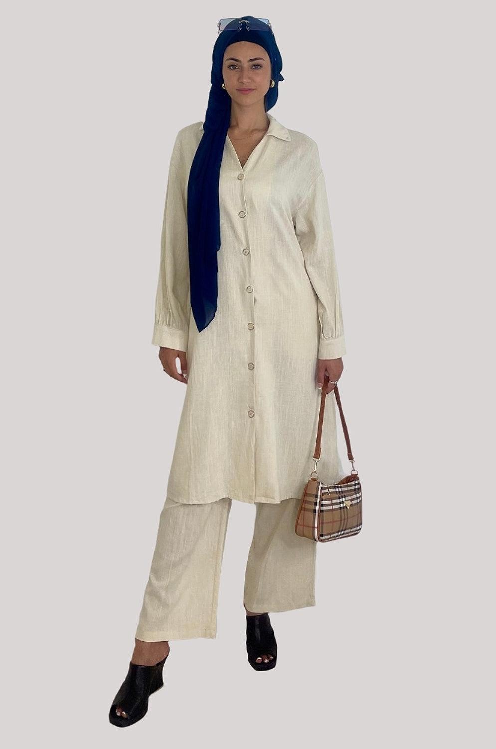 Deep V Neck Button Down Kurti And Wide Leg Trousers Traditional Coord Set-SinglePrice