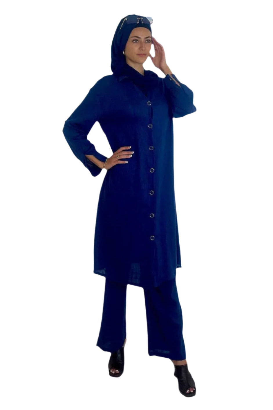Deep V Neck Button Down Kurti And Wide Leg Trousers Traditional Coord Set-SinglePrice