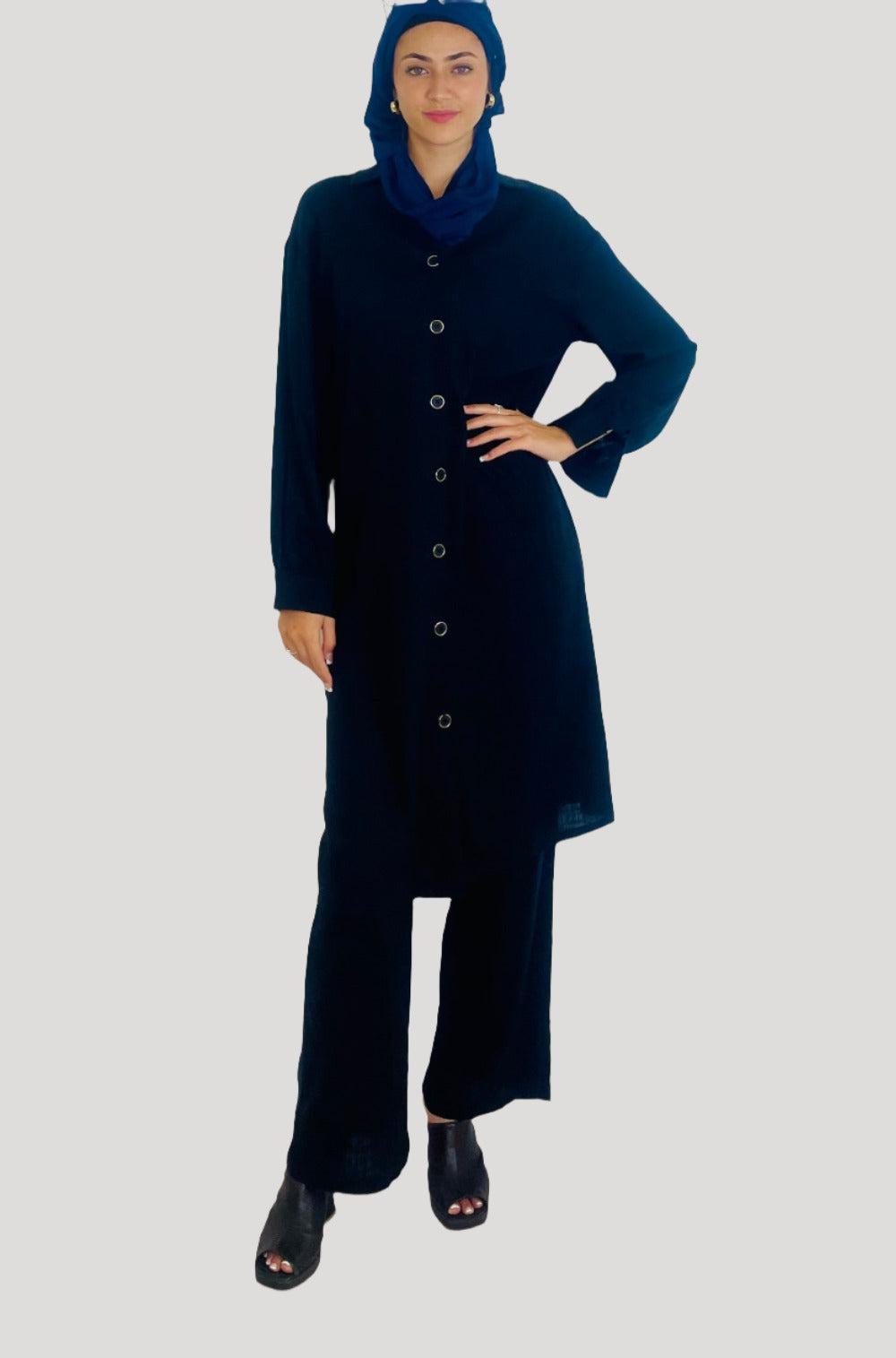 Deep V Neck Button Down Kurti And Wide Leg Trousers Traditional Coord Set-SinglePrice