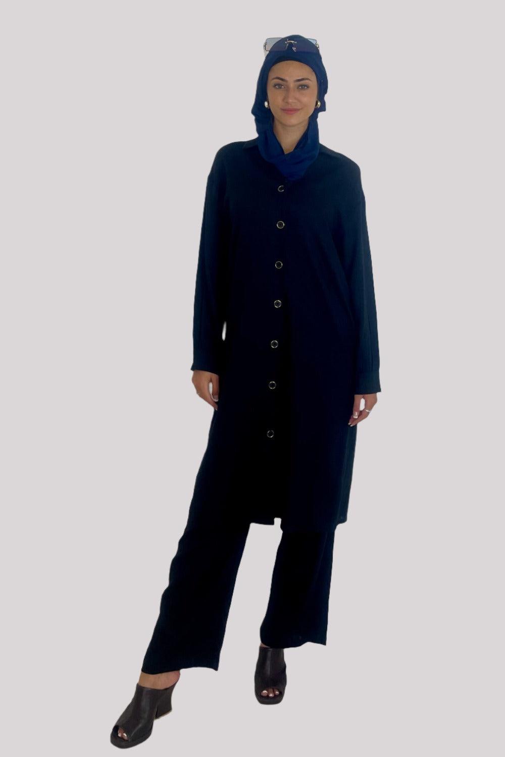 Deep V Neck Button Down Kurti And Wide Leg Trousers Traditional Coord Set-SinglePrice