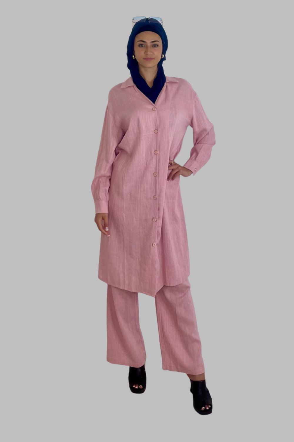 Deep V Neck Button Down Kurti And Wide Leg Trousers Traditional Coord Set-SinglePrice