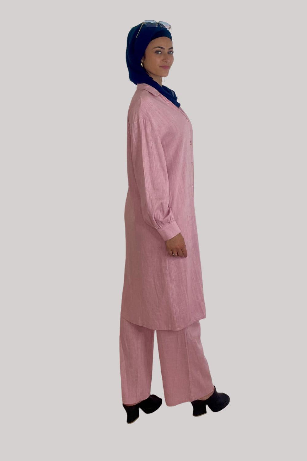 Deep V Neck Button Down Kurti And Wide Leg Trousers Traditional Coord Set-SinglePrice