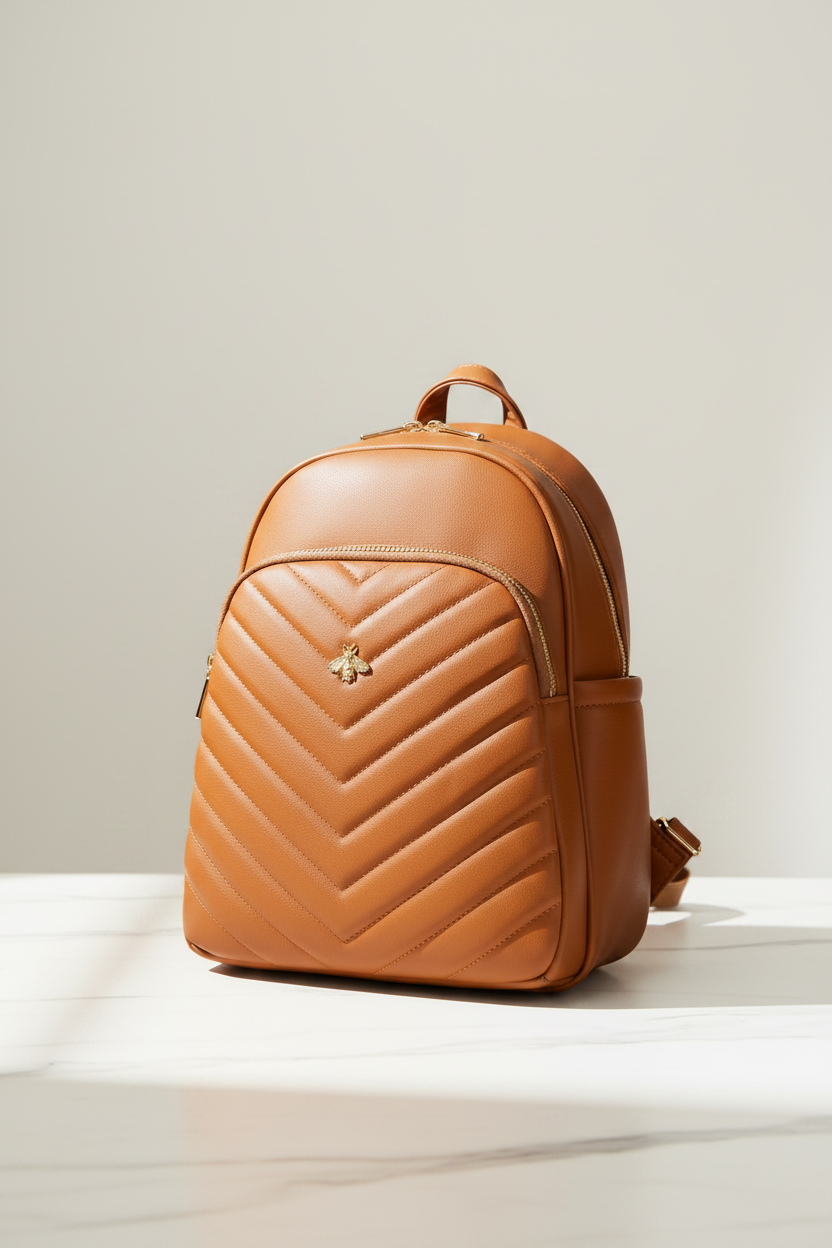 Chic Chevron Quilted Back Bag with Metallic Bee Detail