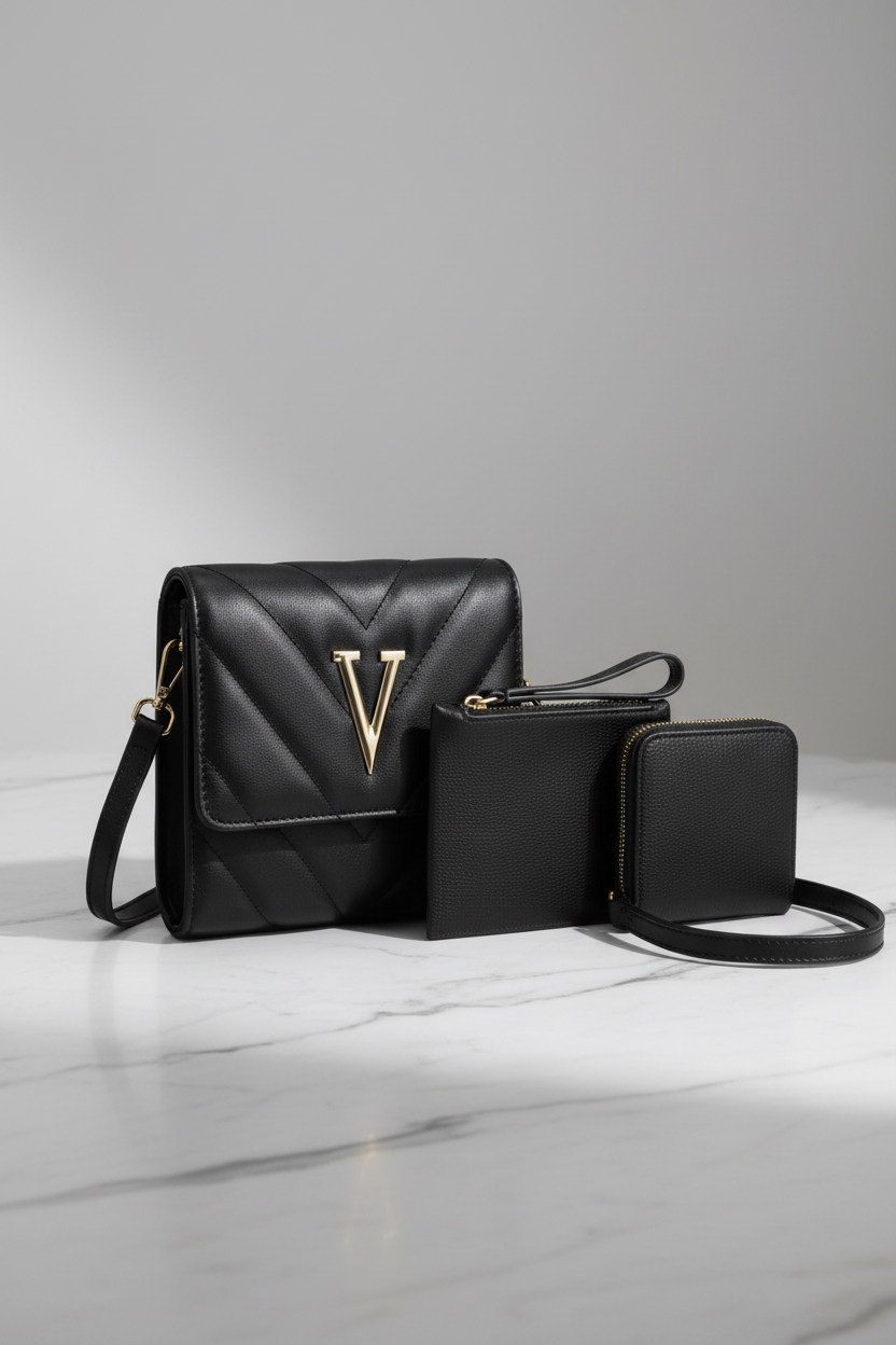 A black leather handbag set on a light marble surface against a gray studio background. The set includes a quilted flap shoulder bag with a large gold V logo, a slim black zip wallet, and a small black card holder with a strap.