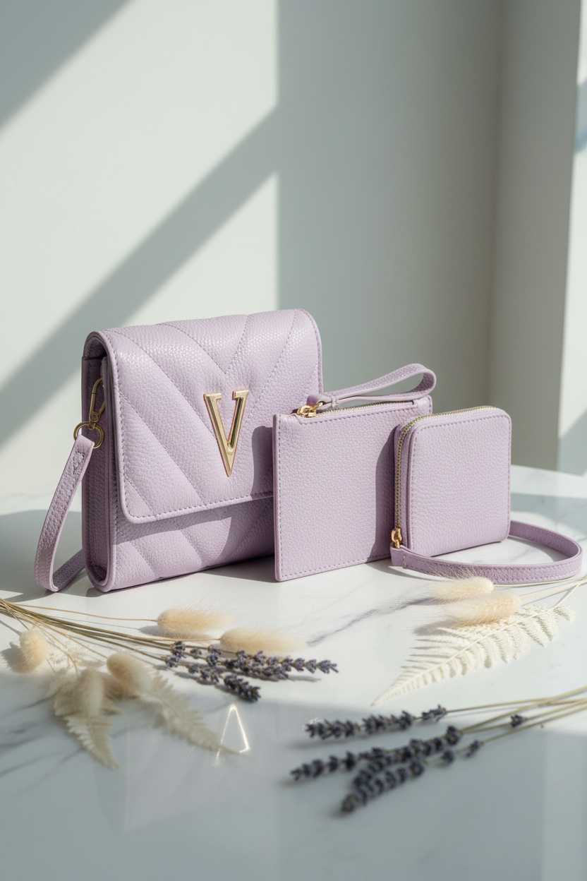 3-in-1 Quilted Crossbody Bag Set with V-Logo