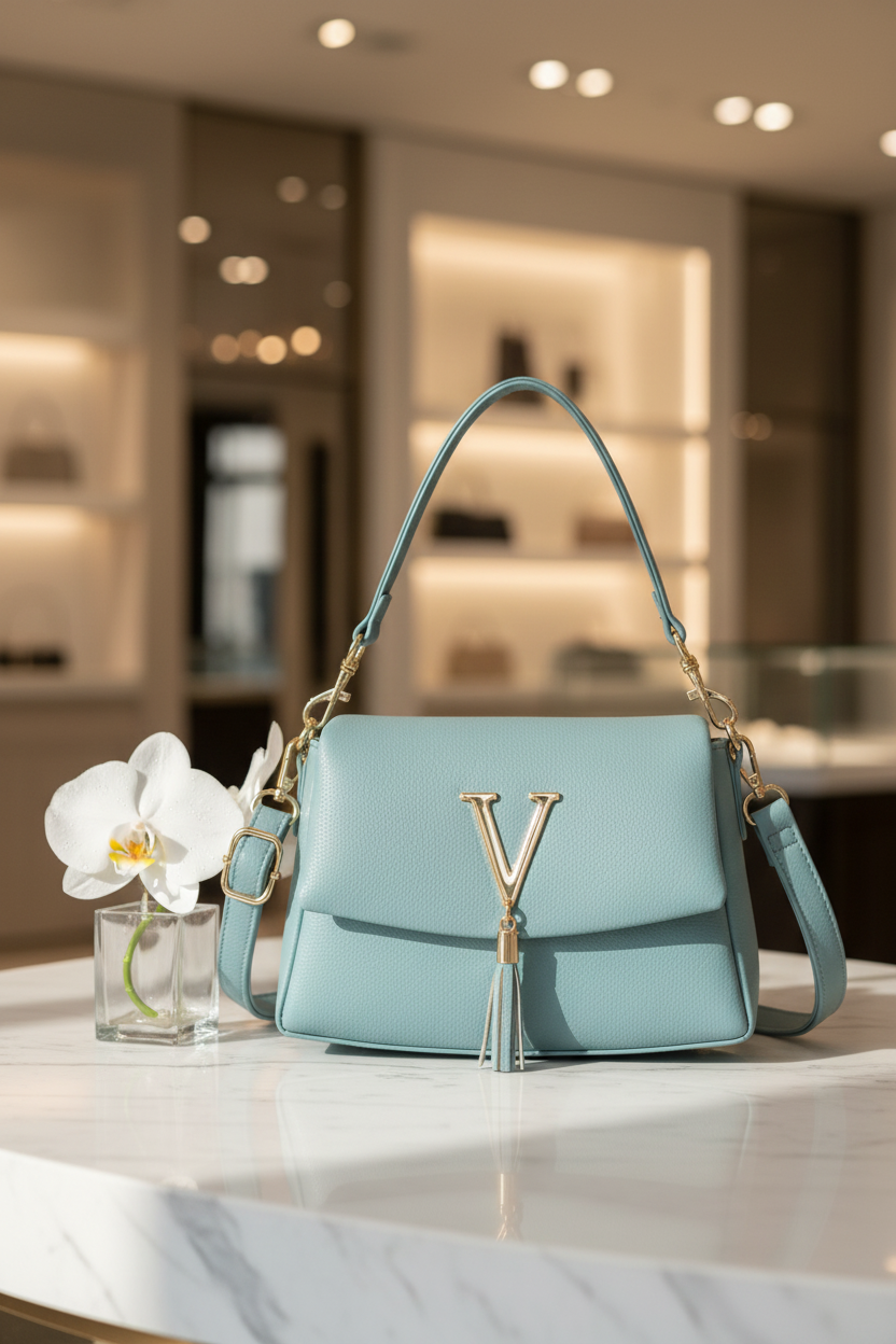Elegant V-Logo Shoulder Bag with Tassel Accent