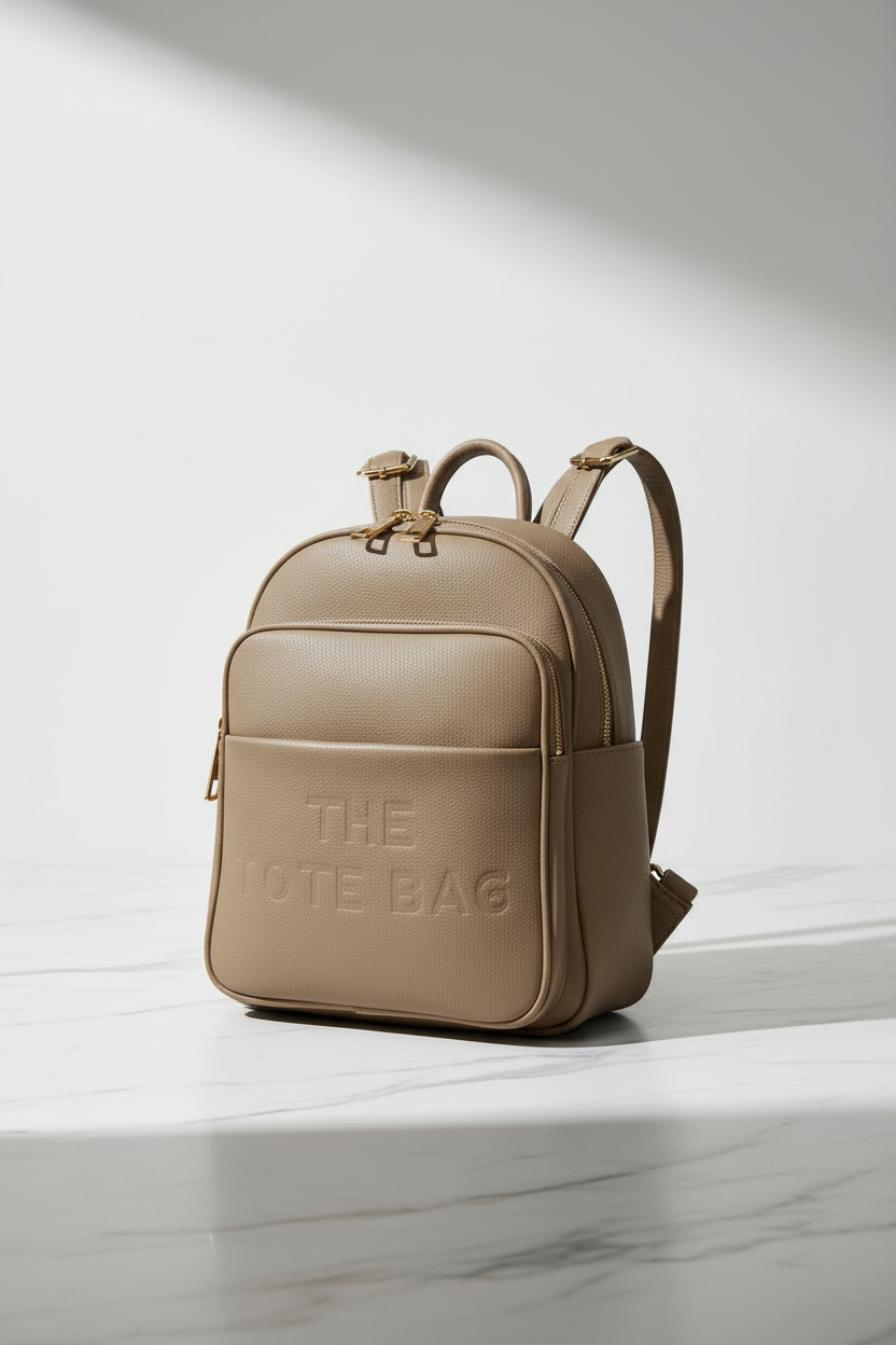 A taupe brown leather backpack with gold-tone hardware, featuring an embossed logo on the front pocket and dual top handles, shown against a plain white background.