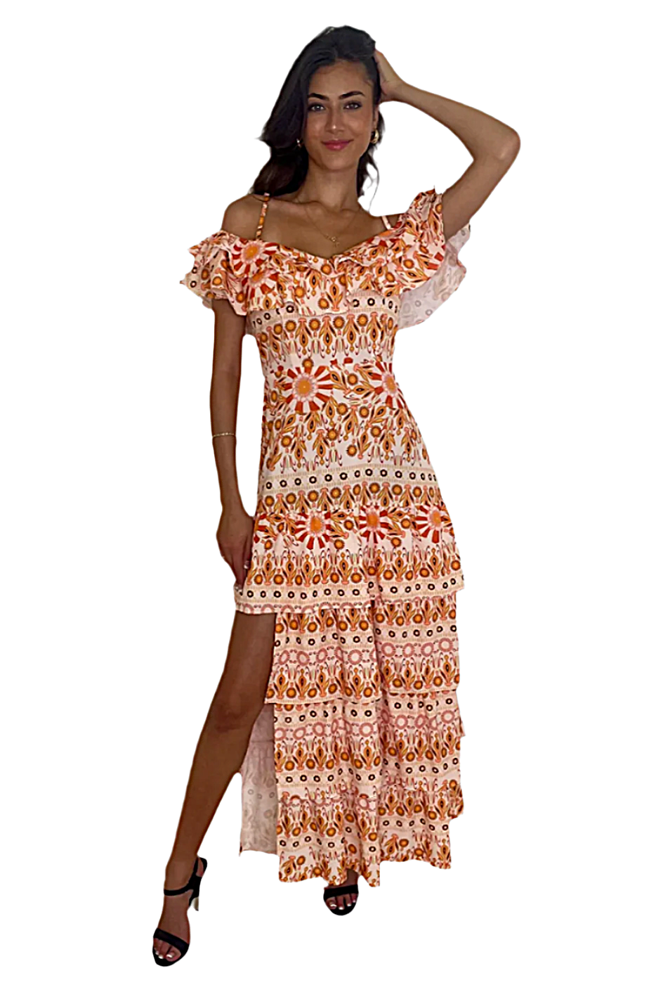 Side Slit Frill Off Shoulder Vibrant Print Spanish Maxi Dress