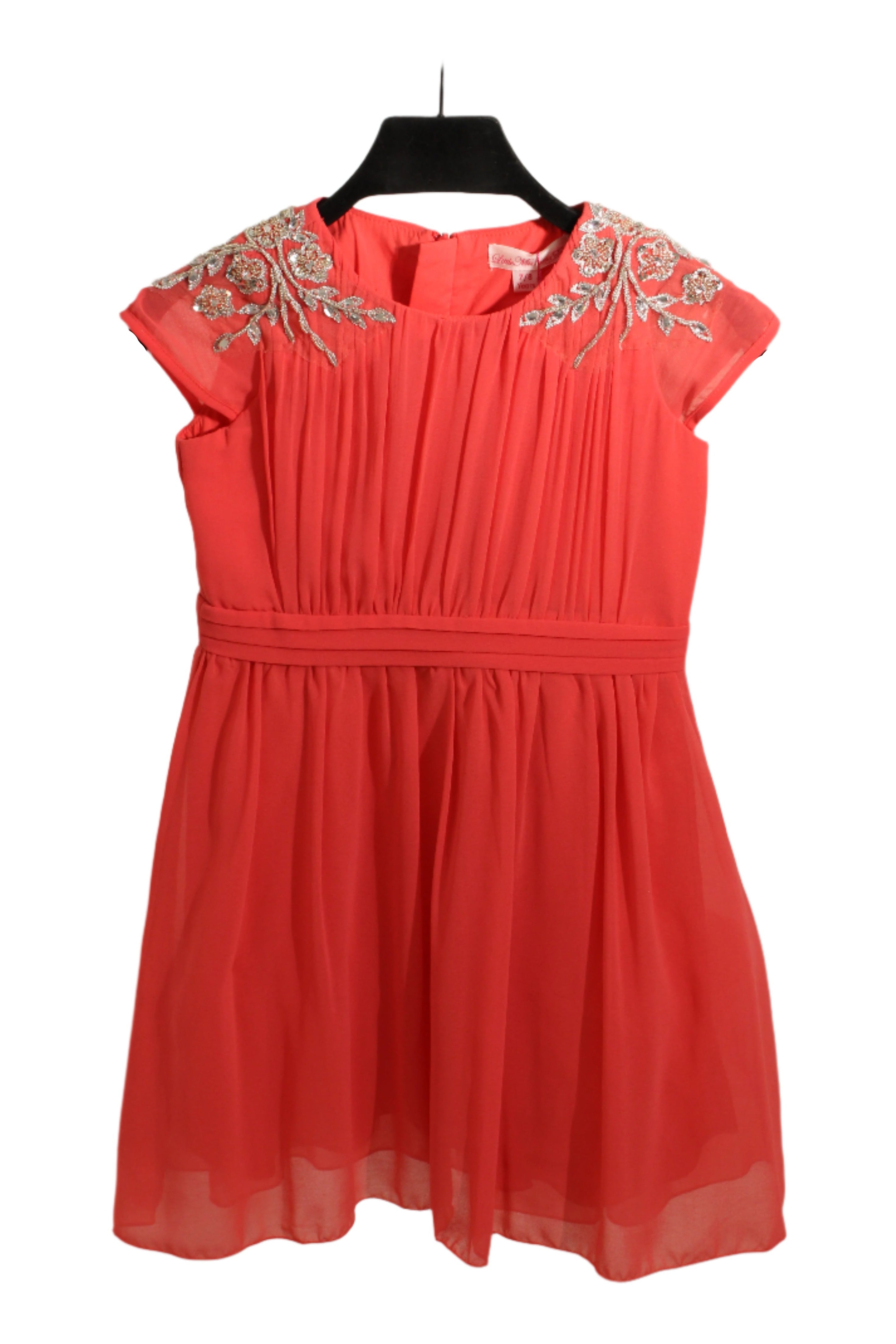 Beaded Flower Embellished Coral Chiffon Girls Occasion Dress