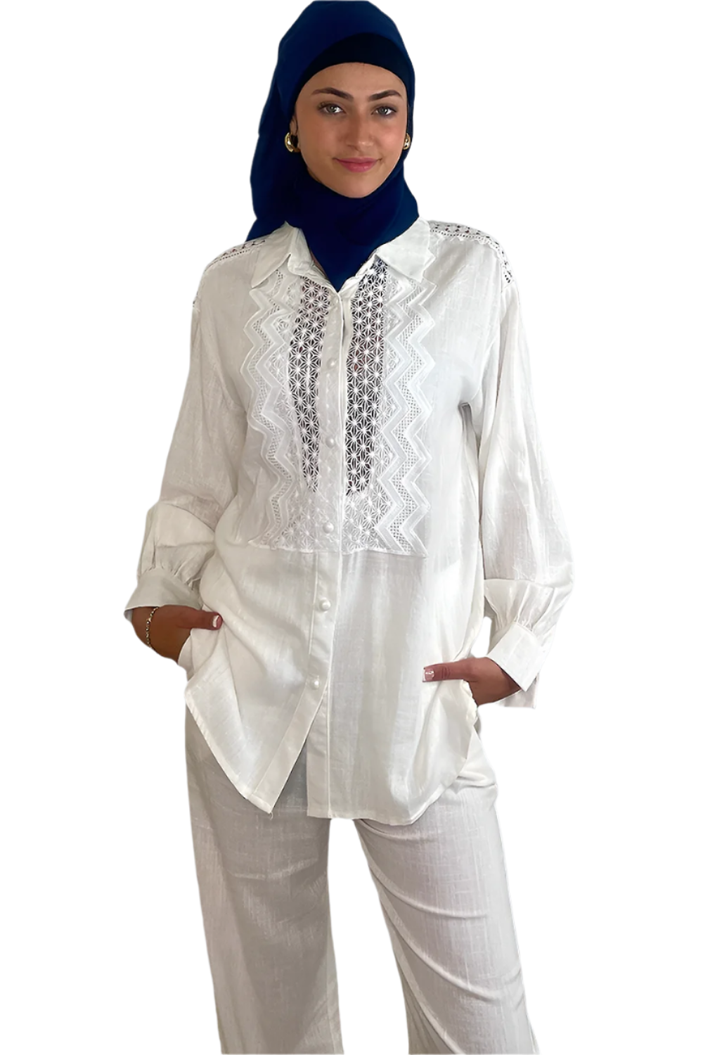 Crochet Lace Trim Button Down Long Sleeve Blouse And Wide Leg Coord Set-SinglePrice