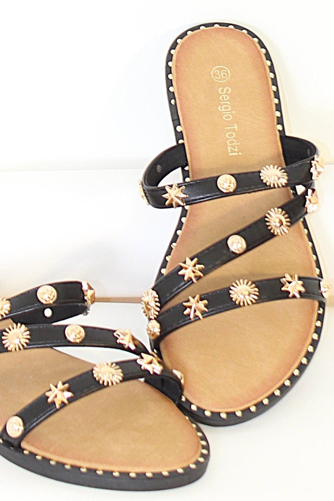 Wholesale Women's Metal Embossed Design Vegan Leather Sliders Shoes (BOX OF 12)