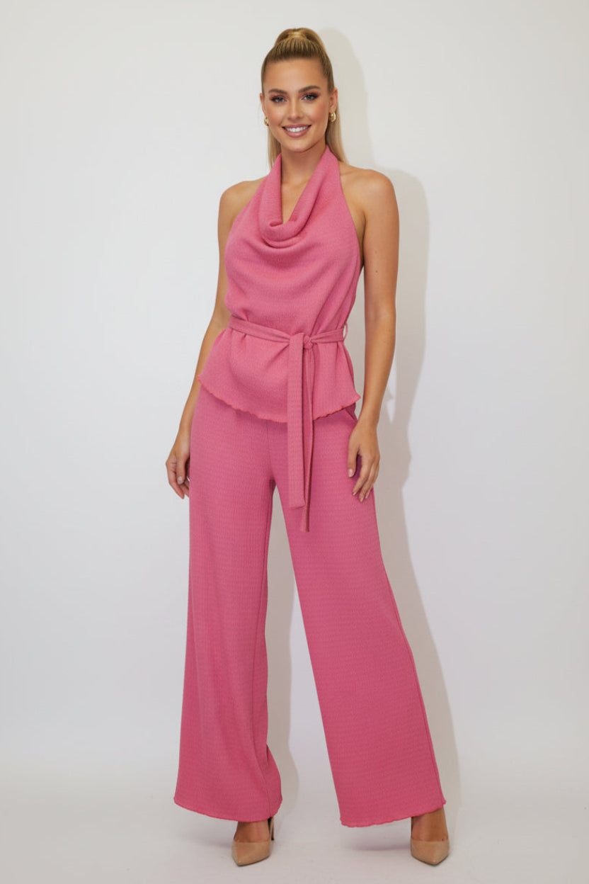 Halter Neck Tie Up Top And Wide Leg Trousers Textured Coord Set