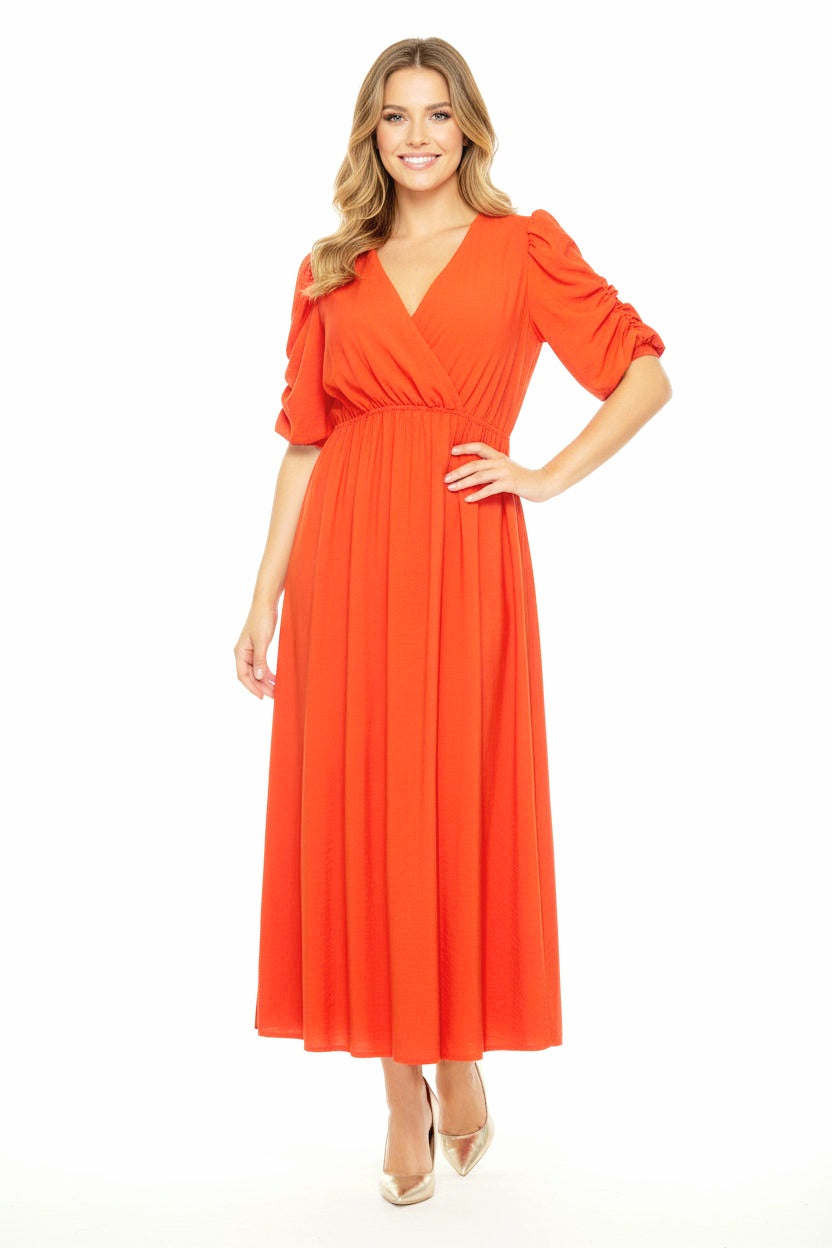 Puff Short Sleeve V-Cut Long A-Line Viscose Blend Dress