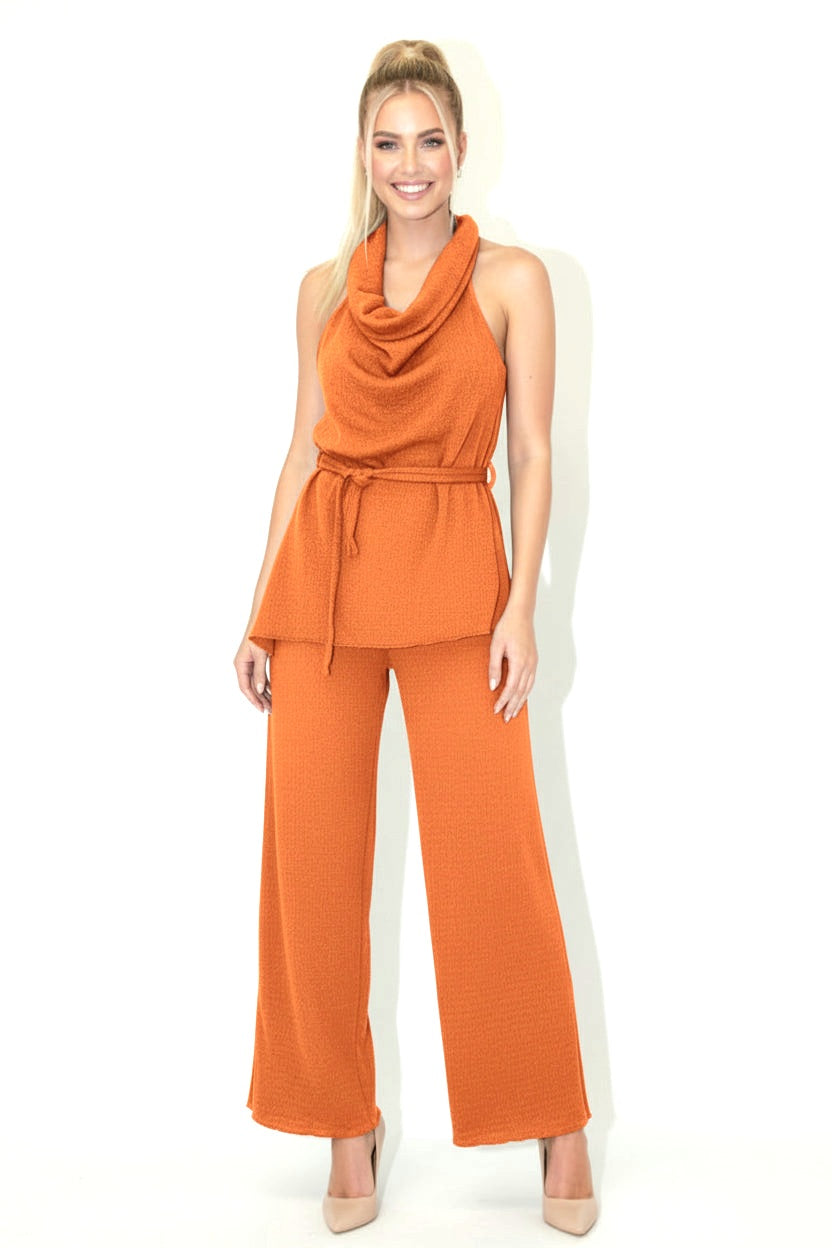 Halter Neck Tie Up Top And Wide Leg Trousers Textured Coord Set