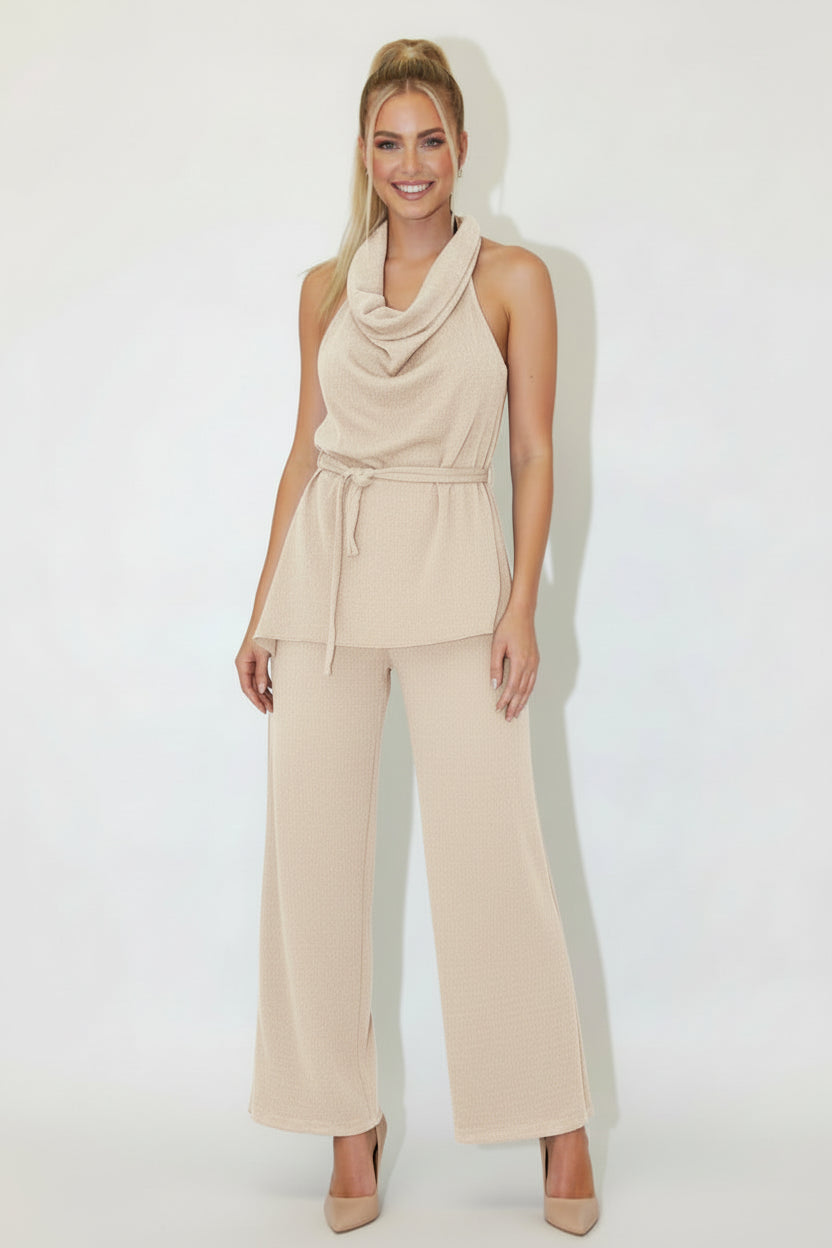 Halter Neck Tie Up Top And Wide Leg Trousers Textured Coord Set