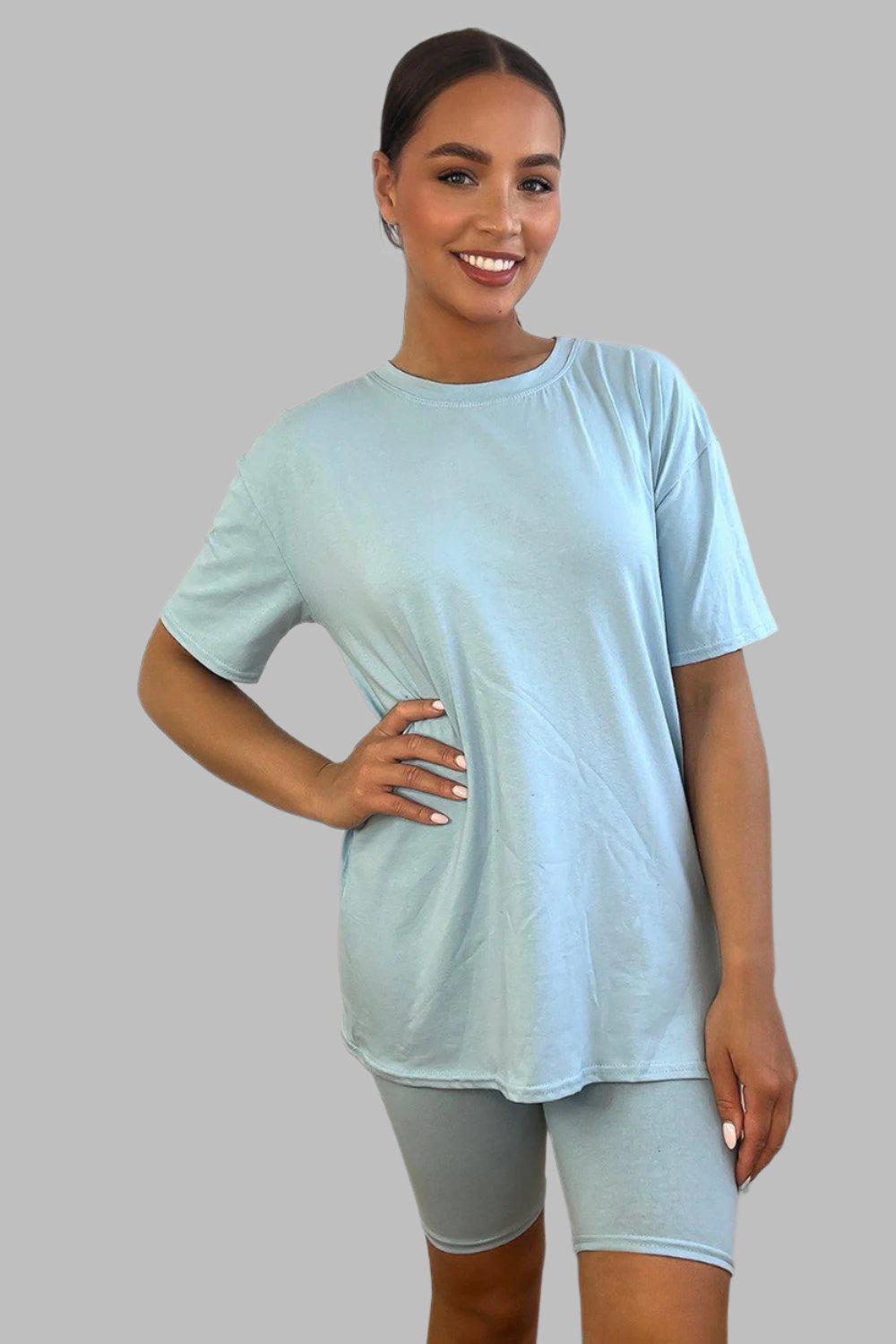 Cotton Blend High Neck T-shirt And Cycling Shorts Set-SinglePrice