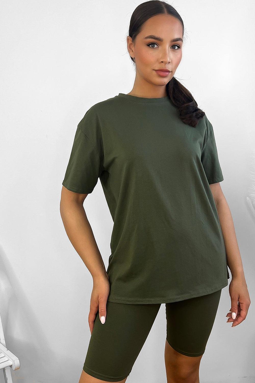 Cotton Blend High Neck T-shirt And Cycling Shorts Set-SinglePrice