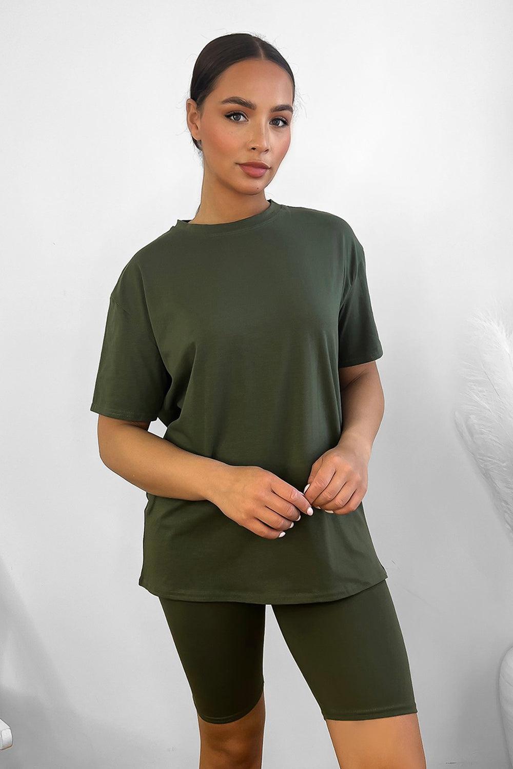 Cotton Blend High Neck T-shirt And Cycling Shorts Set-SinglePrice