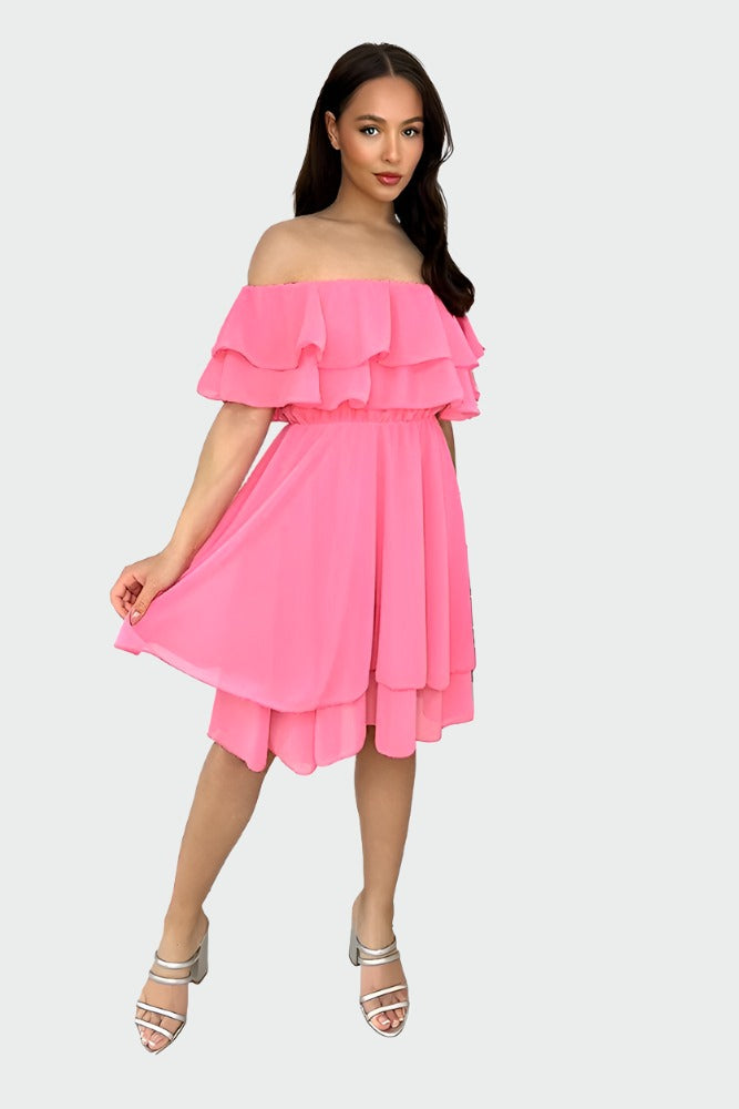 Double Frill Bardot Chiffon Dress-SinglePrice
