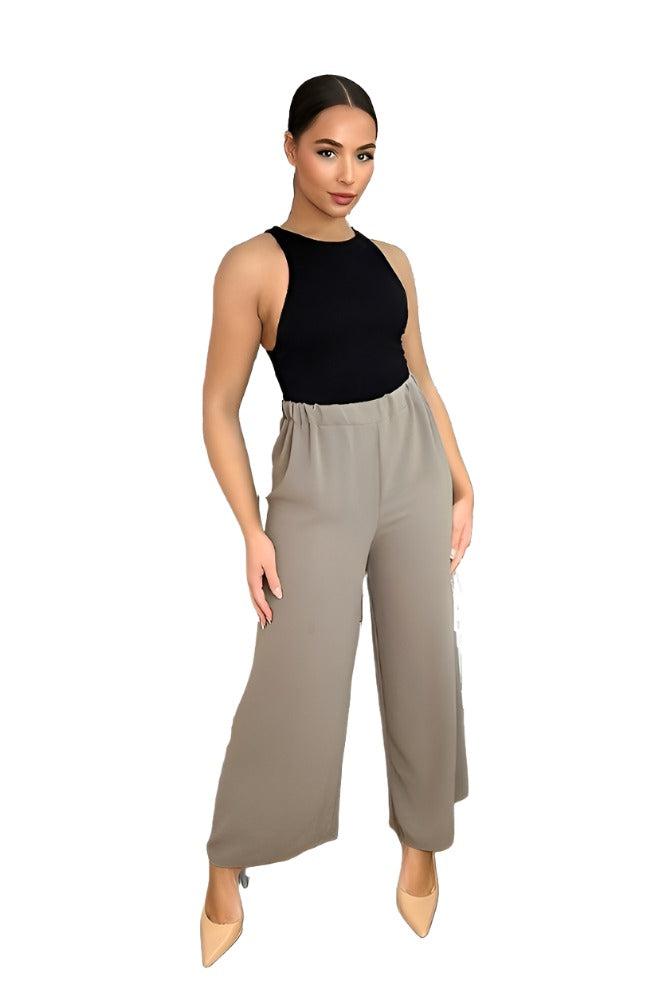 Flood Length Wide Legs Crepe Trousers-SinglePrice