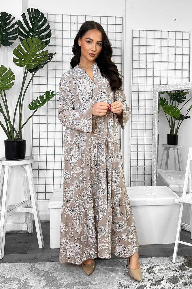 Pailey Print Grandad Collar Tiered Maxi Dress-SinglePrice
