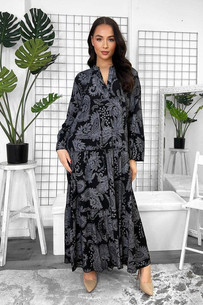 Pailey Print Grandad Collar Tiered Maxi Dress-SinglePrice