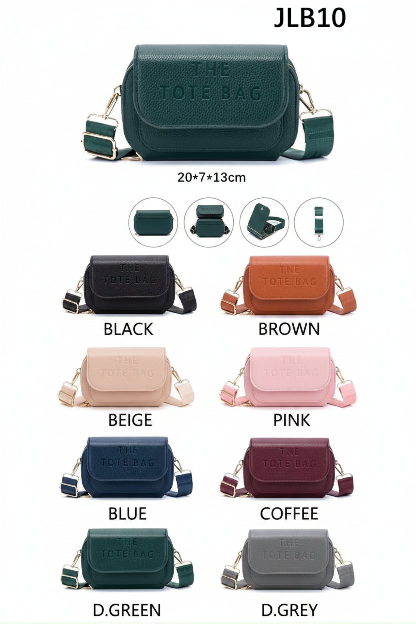 Collection of 'THE POLE BAG' handbags in various colors with dimensions and color names displayed.