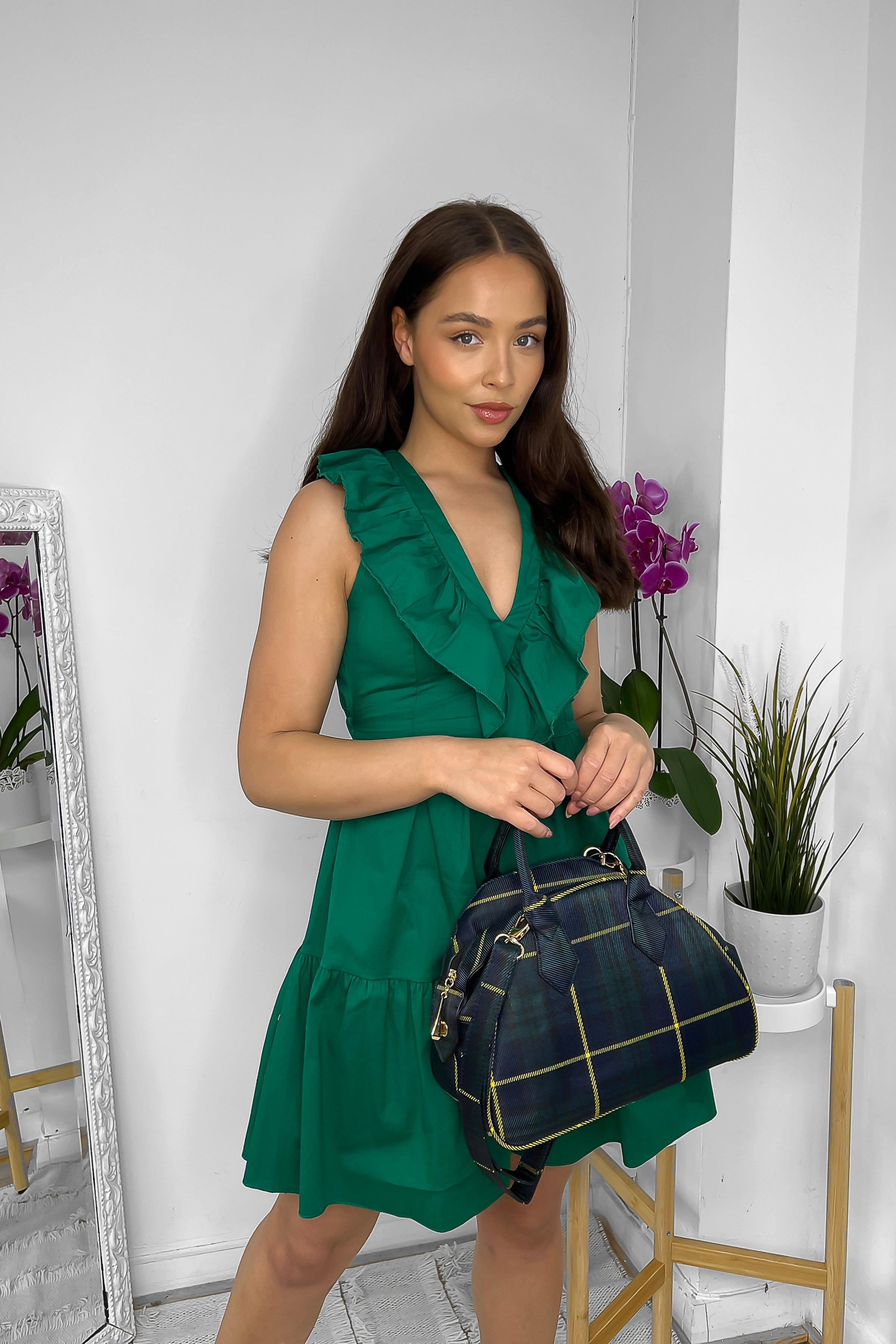 Black Green Plaid Bowler Handbag-SinglePrice