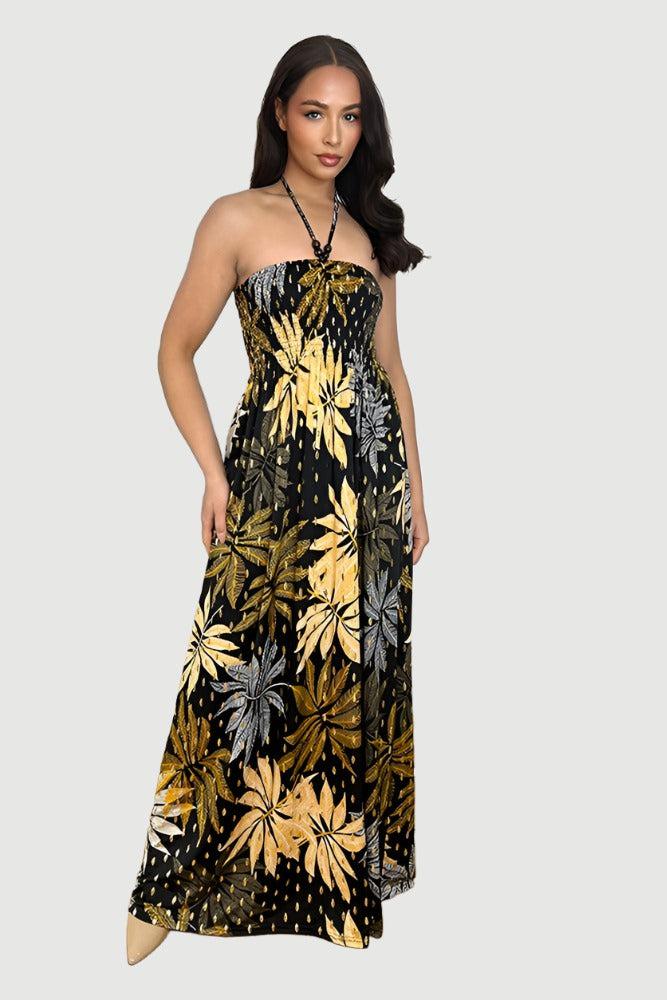 Leaves And Dots Print Shirred Bust Maxi Dress-SinglePrice