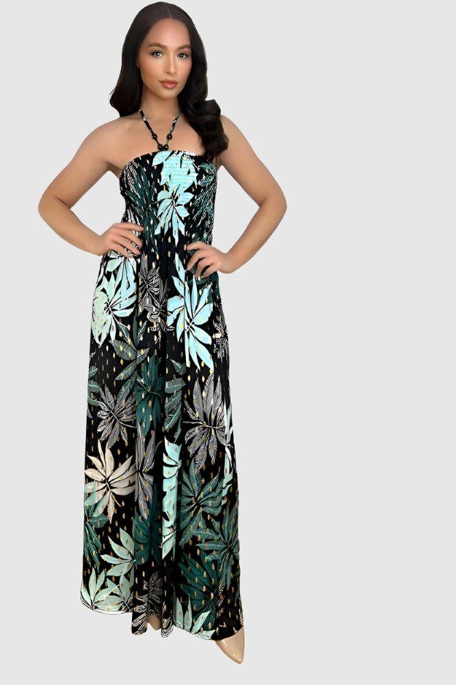 Leaves And Dots Print Shirred Bust Maxi Dress-SinglePrice