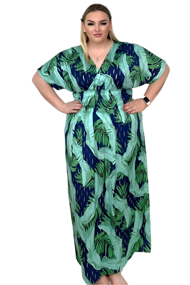 Palm Leaves Print Shirred Waist Maxi Dress-SinglePrice