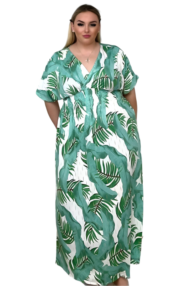 Palm Leaves Print Shirred Waist Maxi Dress-SinglePrice
