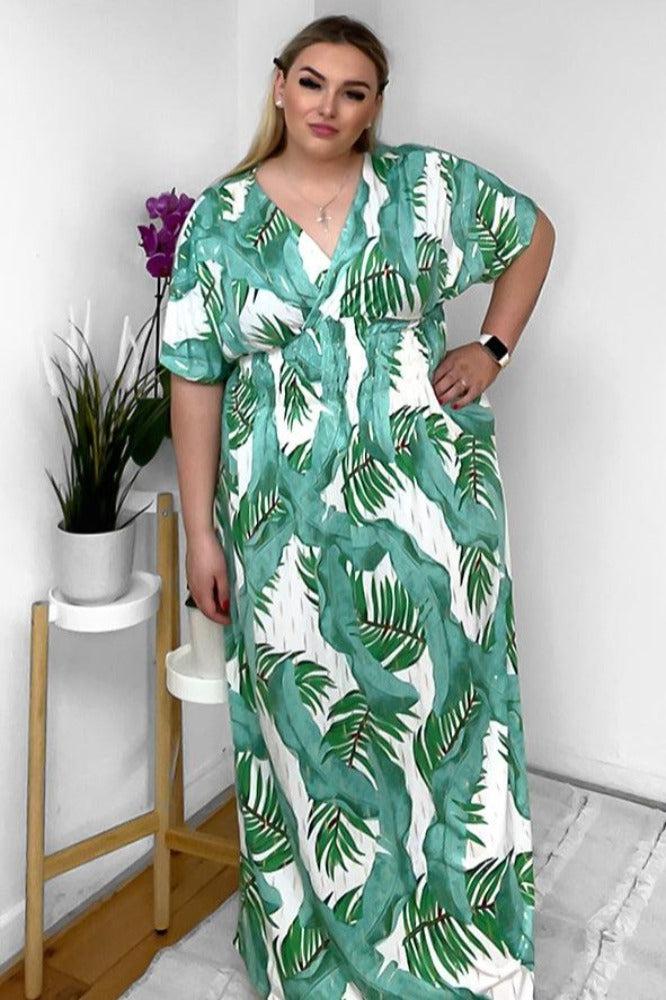 Palm Leaves Print Shirred Waist Maxi Dress-SinglePrice