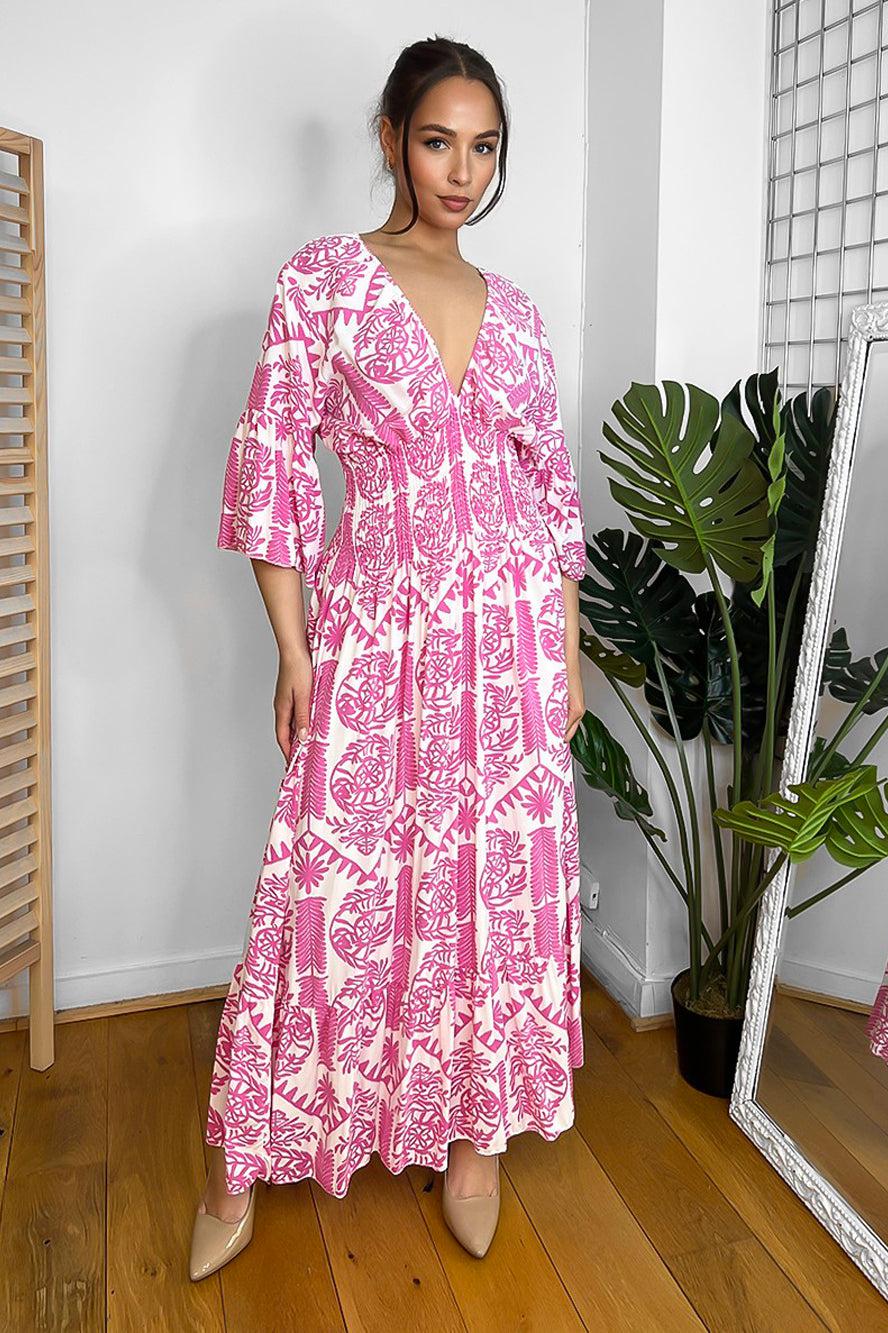 V-Neck Shirred Waist Paisley Print Maxi Dress-SinglePrice