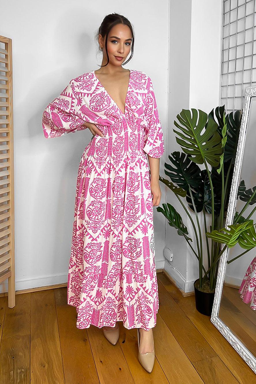 V-Neck Shirred Waist Paisley Print Maxi Dress-SinglePrice