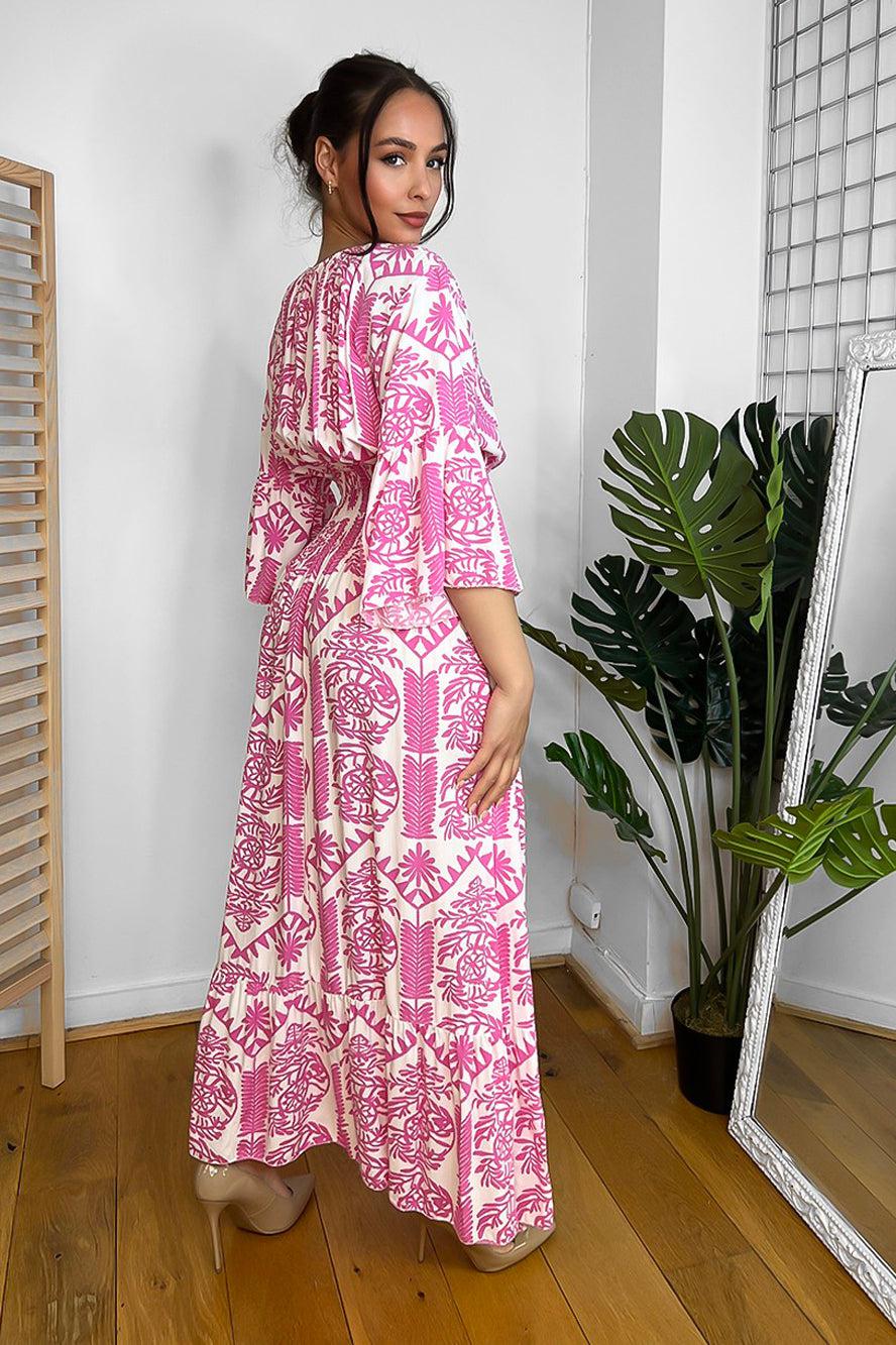 V-Neck Shirred Waist Paisley Print Maxi Dress-SinglePrice