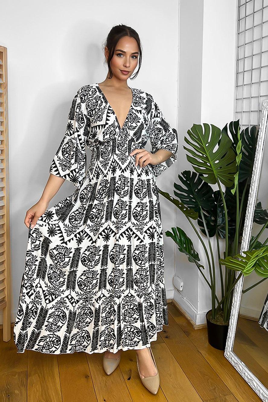 V-Neck Shirred Waist Paisley Print Maxi Dress-SinglePrice
