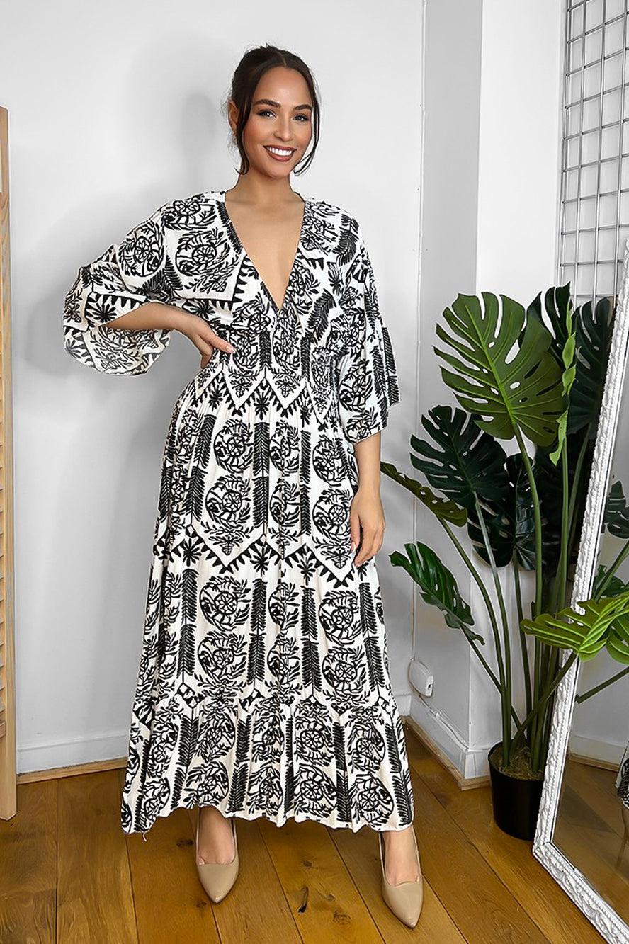 V-Neck Shirred Waist Paisley Print Maxi Dress-SinglePrice
