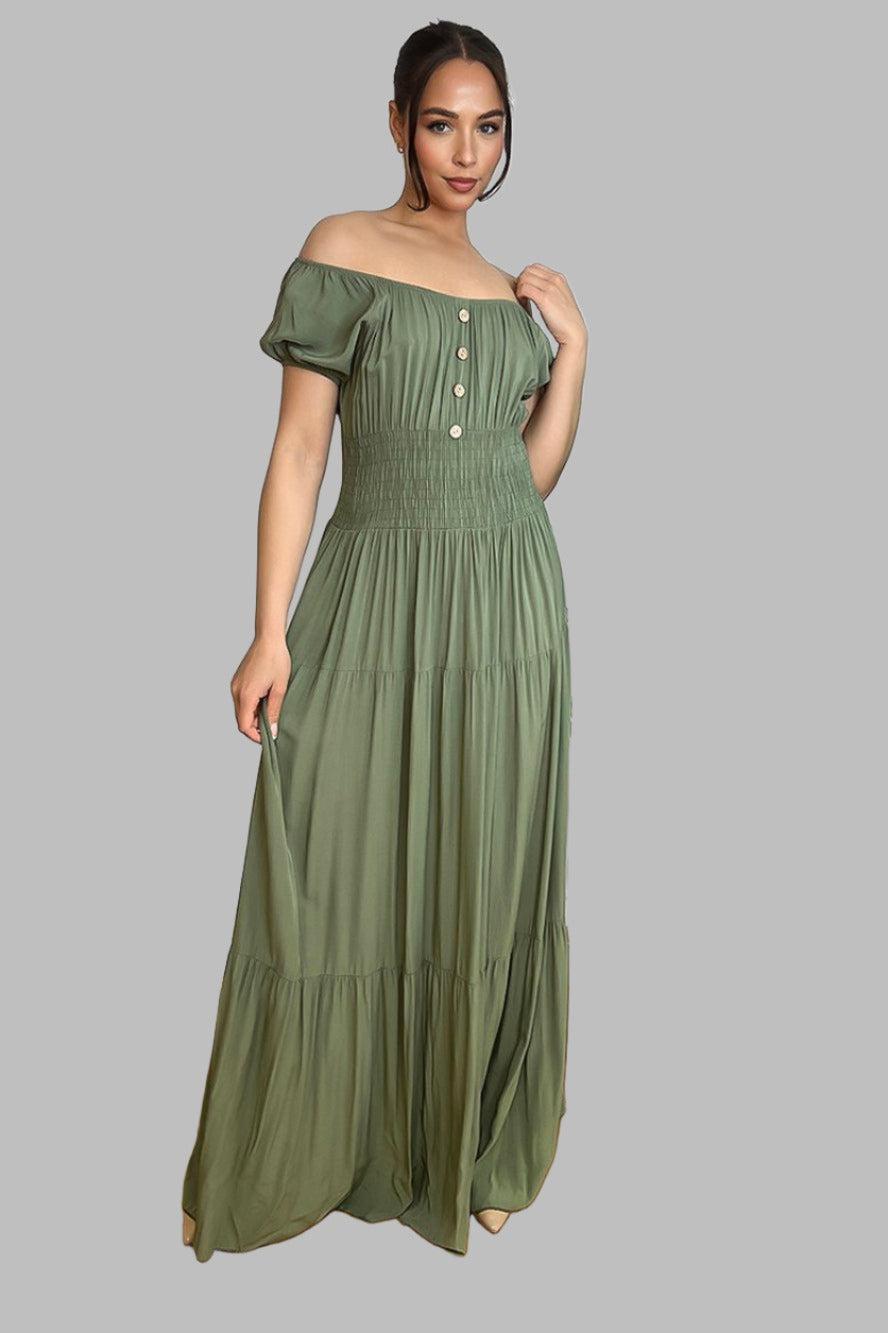 Button Details Shirrred Waist Milkmaid Maxi Dress-SinglePrice