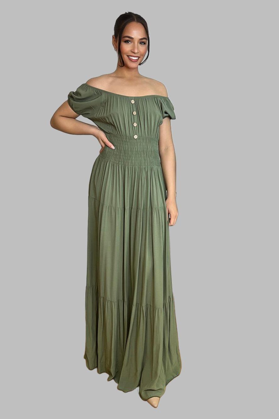 Button Details Shirrred Waist Milkmaid Maxi Dress-SinglePrice